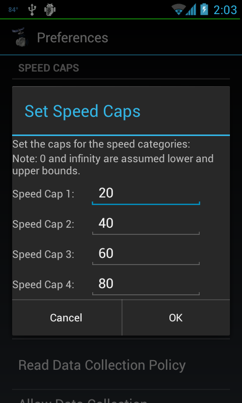 Options menu screen of GPS Volume App