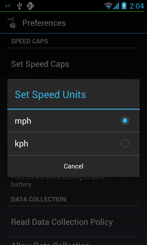 Options menu screen of GPS Volume App